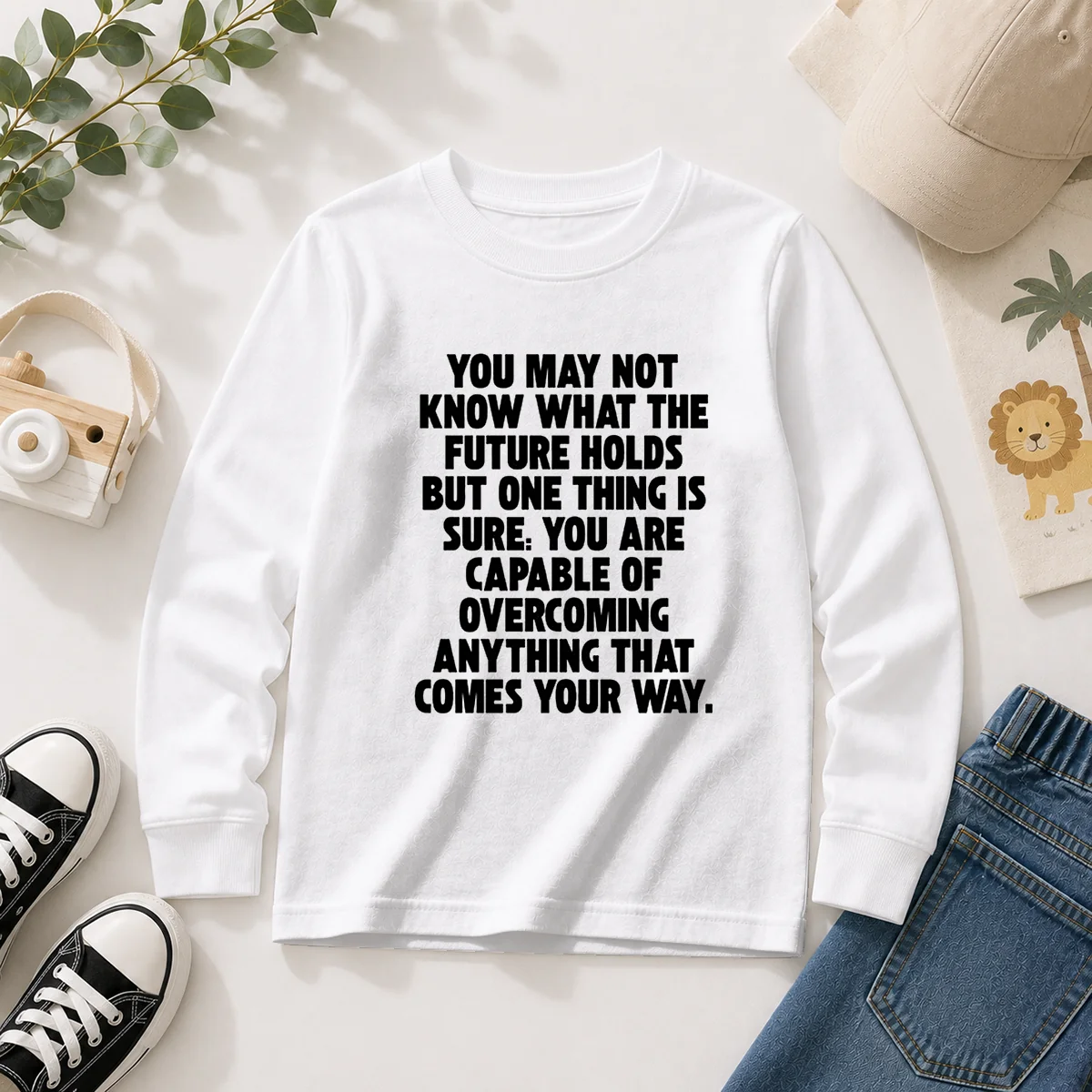 Pretty You Are Capable Of Overcoming Anything That Comes Your Way long sleeve shirt in white with bold motivational text