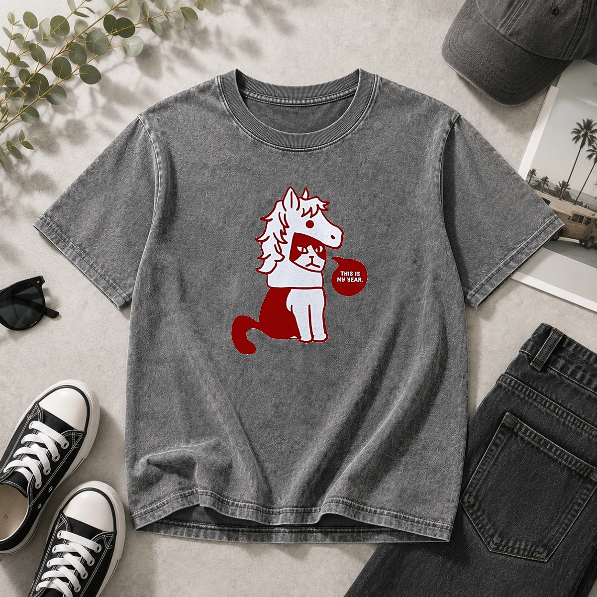 Top Cat Wearing Horse Mask This Is My Year washed t shirt featuring a whimsical graphic on soft fabric