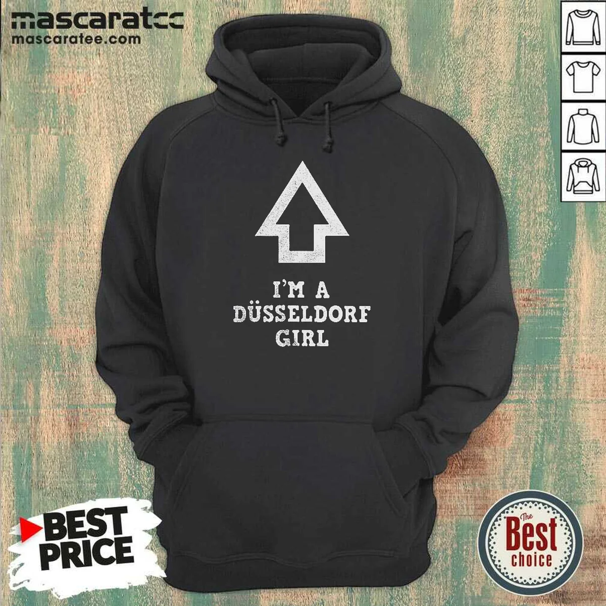 Top I'M A Dusseldorf Girl AOP Hoodie optimized showing full front view, long sleeves, and hood