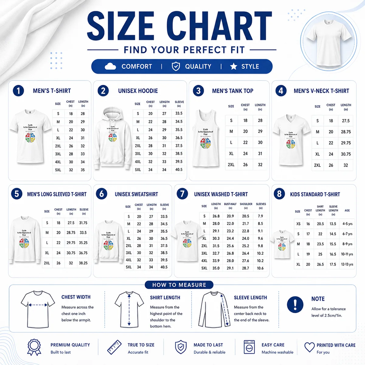 Awesome Faith Is The Opposite Of Fear Now Read That Backwards Size Chart Size chart for Awesome Faith Is The Opposite Of Fear Now Read That Backwards with measurements in inches and cm to help choose the right fit