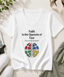 Awesome Faith Is The Opposite Of Fear Now Read That Backwards V-Neck Shirt