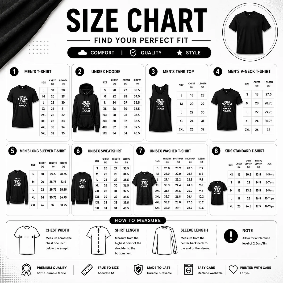 Hot God Put That Dream In Your Heart For A Reason Inspirational Quote Size Chart Size chart for Hot God Put That Dream In Your Heart For A Reason Inspirational Quote with measurements in inches and cm to help choose the right fit