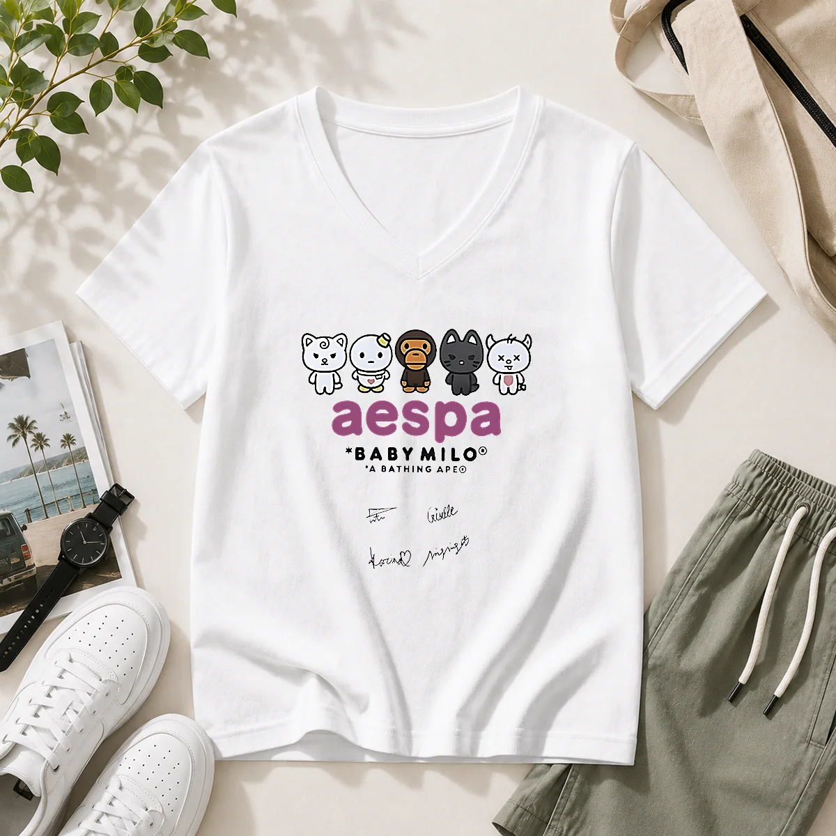 Pretty Aespa X Baby Milo A Bathing Ape Signature V-Neck Shirt