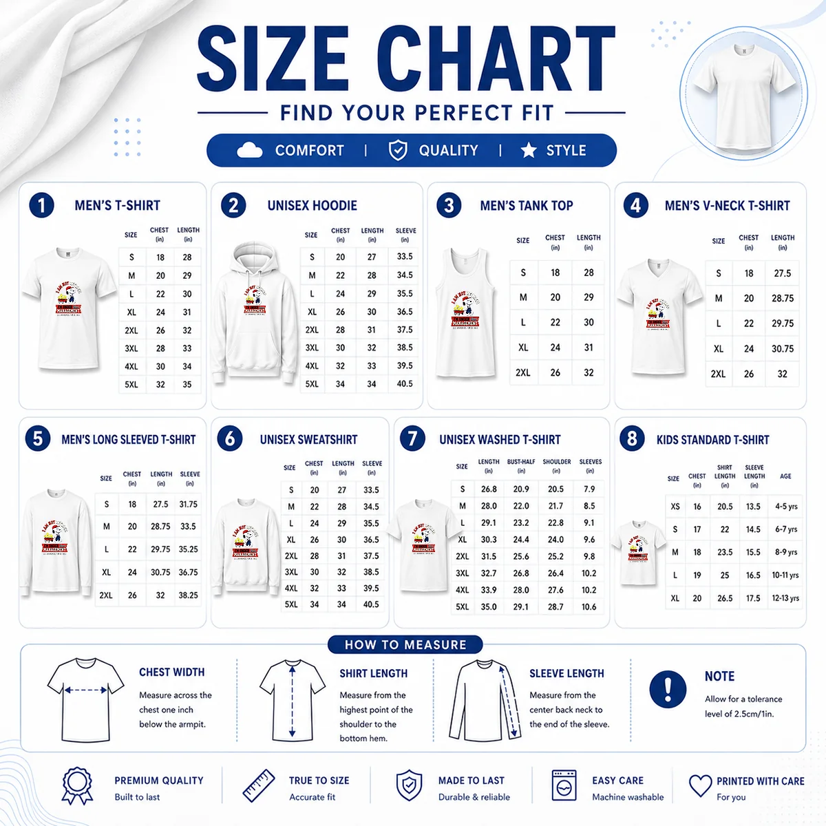 Pretty Snoopy I Am Not Retired I'M Under New Management Grandkids Size Chart Size chart for Pretty Snoopy I Am Not Retired I'M Under New Management Grandkids with measurements in inches and cm to help choose the right fit