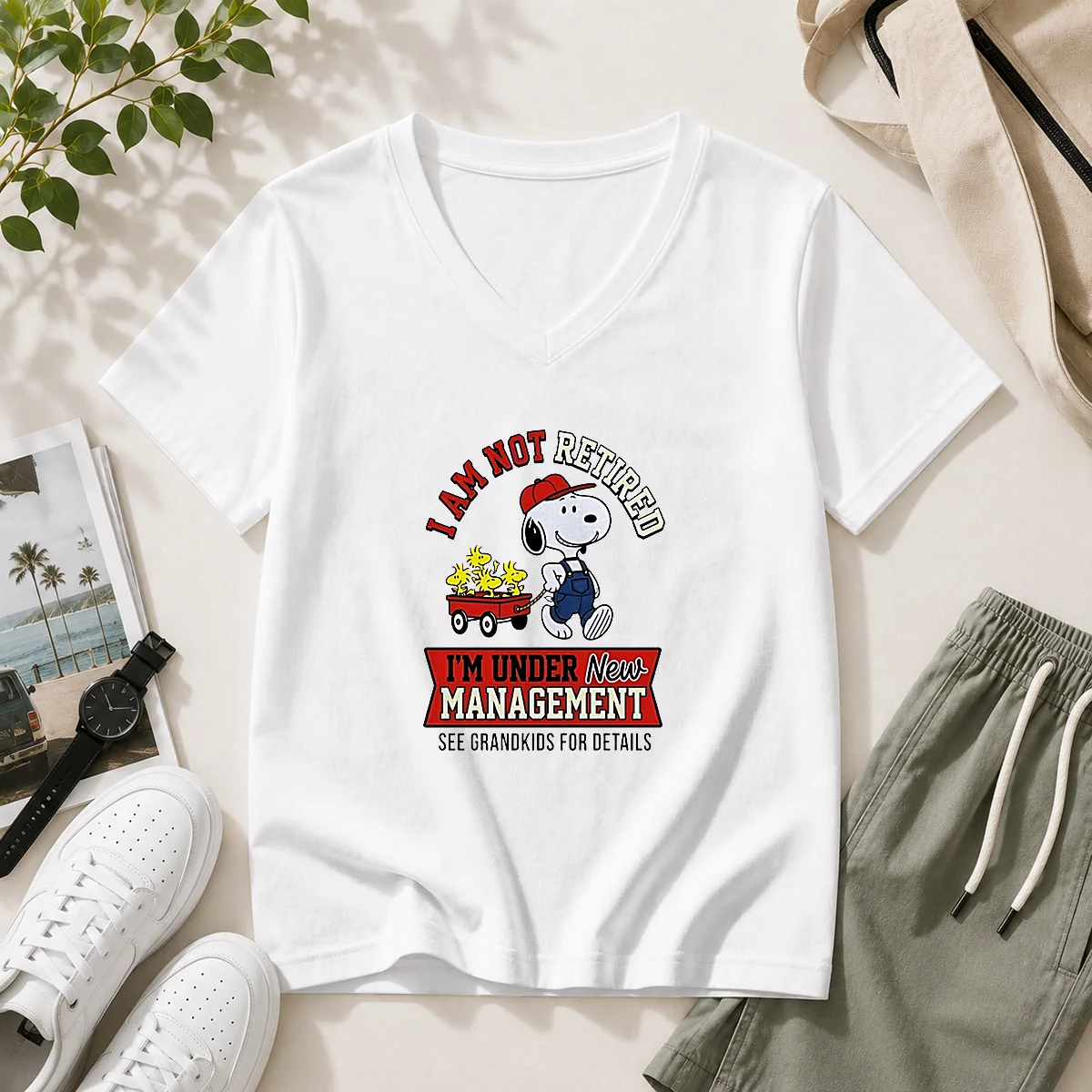 Pretty Snoopy I Am Not Retired I'M Under New Management Grandkids V-Neck Shirt