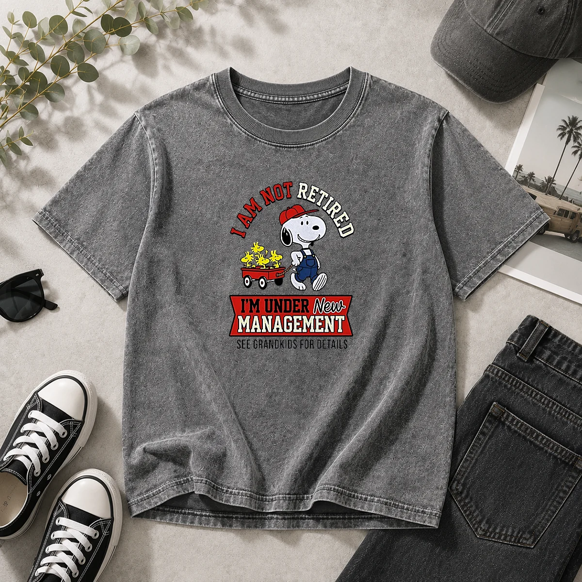 Pretty Snoopy I Am Not Retired I'M Under New Management Grandkids Washed T-Shirt