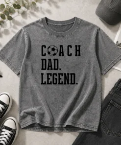 Top Coach Dad Legend Soccer Ball Typography Washed T-Shirt