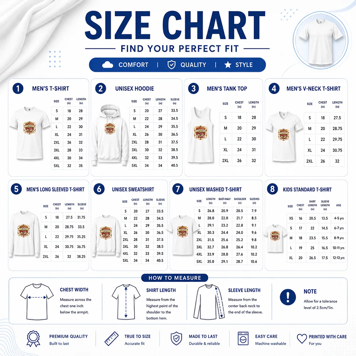 Top Labour Day Proud American Worker Western Size Chart Size chart for Top Labour Day Proud American Worker Western with measurements in inches and cm to help choose the right fit