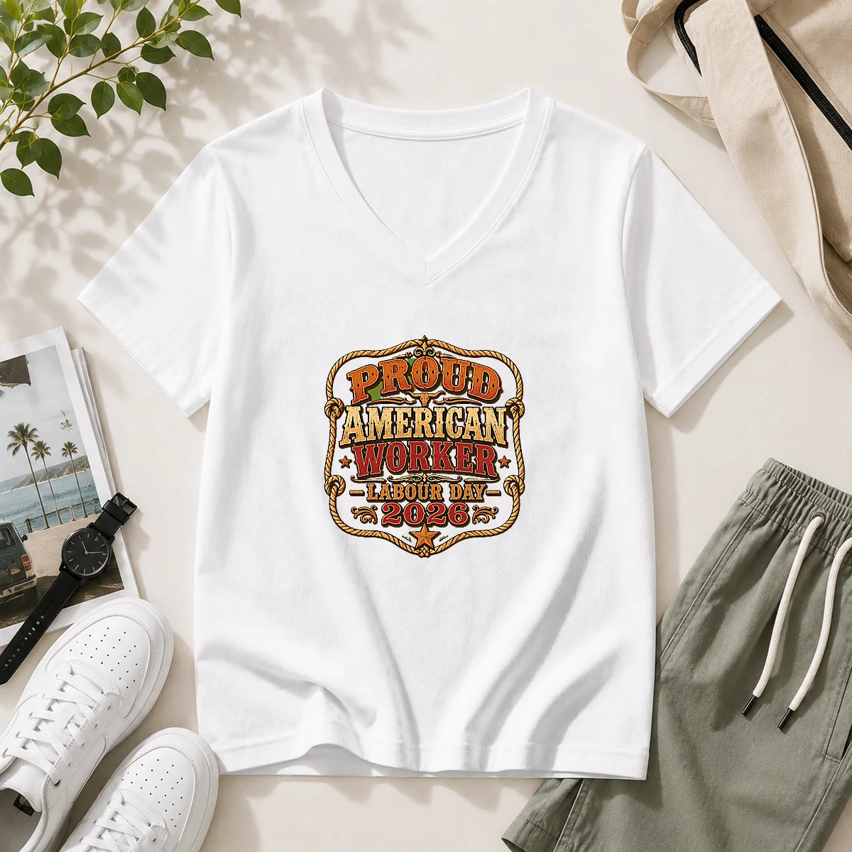 Top Labour Day Proud American Worker Western V-Neck Shirt
