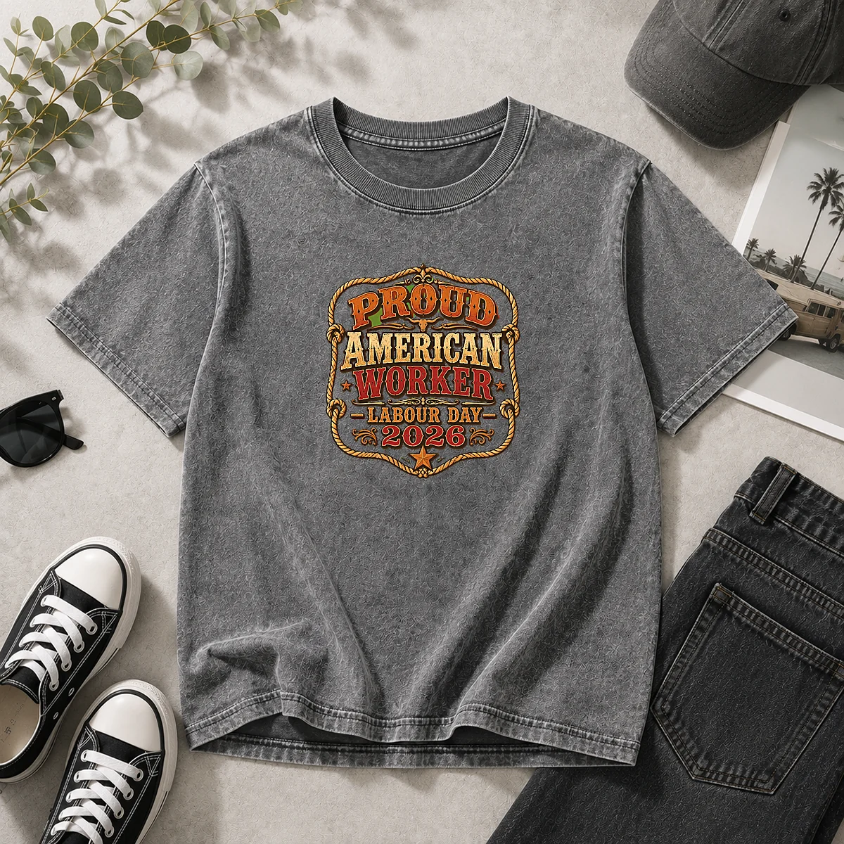 Top Labour Day Proud American Worker Western Washed T-Shirt